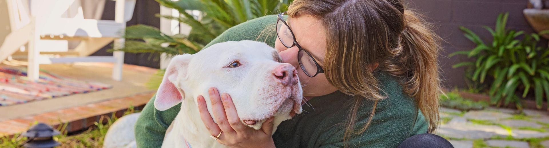 Person hugging dog while sitting in a grassy area