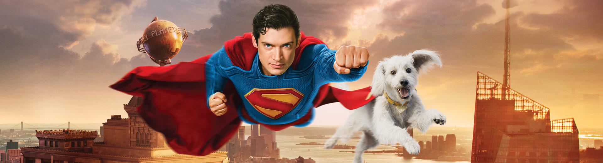 Superman and Krypton flying over Metropolis