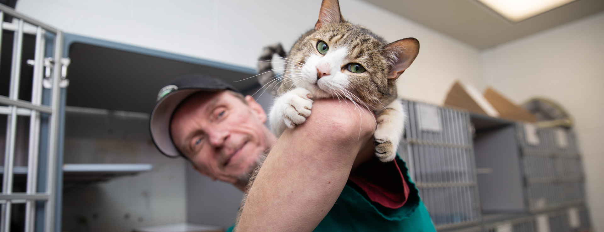 A man at a shelter with a cat resting on his upturned elbow. 
