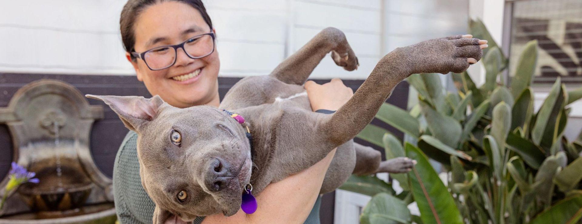 Woman in glasses standing outside with plants surrounding her, holding a grey dog upside as it smiles at the camera.