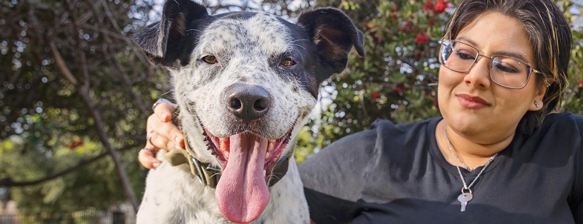 Person sitting outside with a black and white dog whose tongue is out
