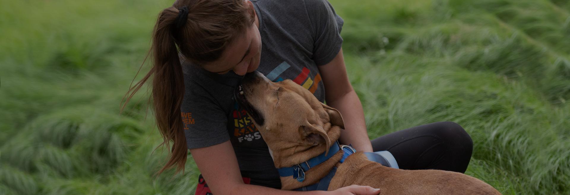 Woman hugging big dog in grassy field