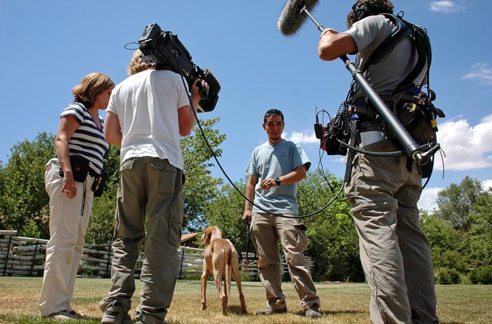 Film crew with trainer and dog in field