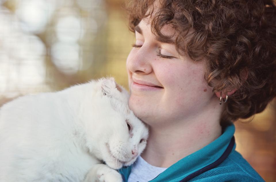 Person holding and cuddling white cat