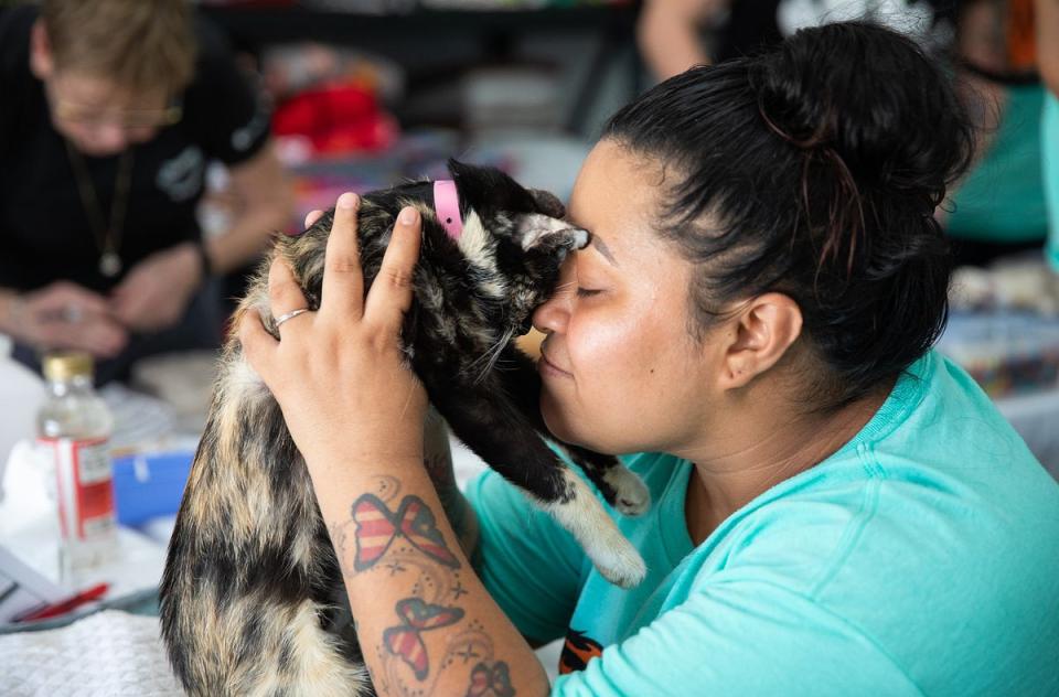 Woman touching noses with kitten.