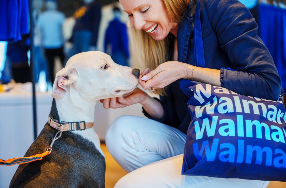 Person with a Walmart bag on their shoulder kneeling down to pet a dog