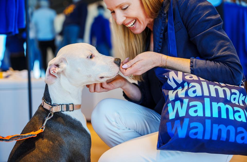 Person with a Walmart bag on their shoulder kneeling down to pet a dog