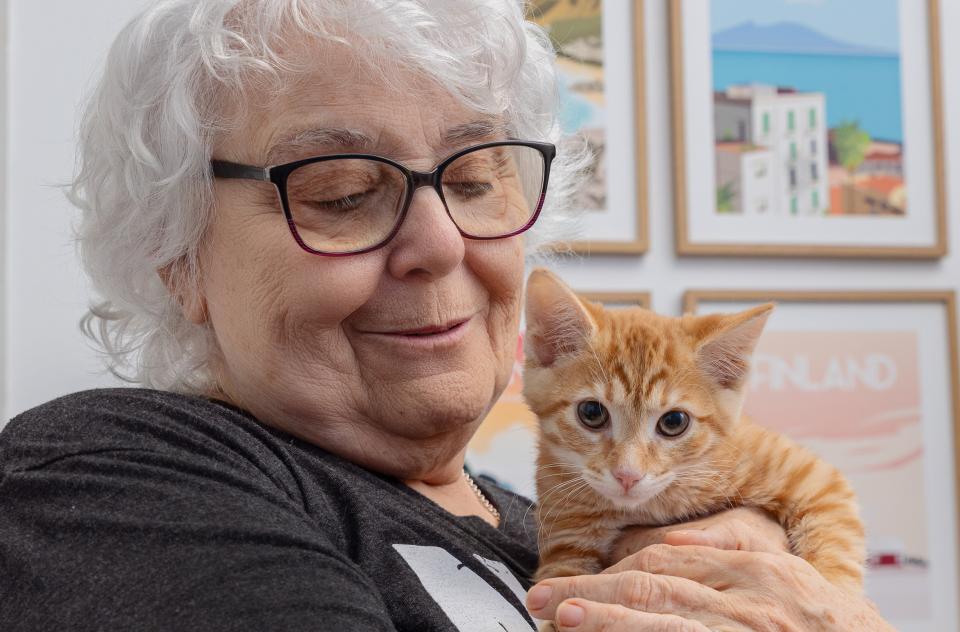 senior woman holding orange kitten