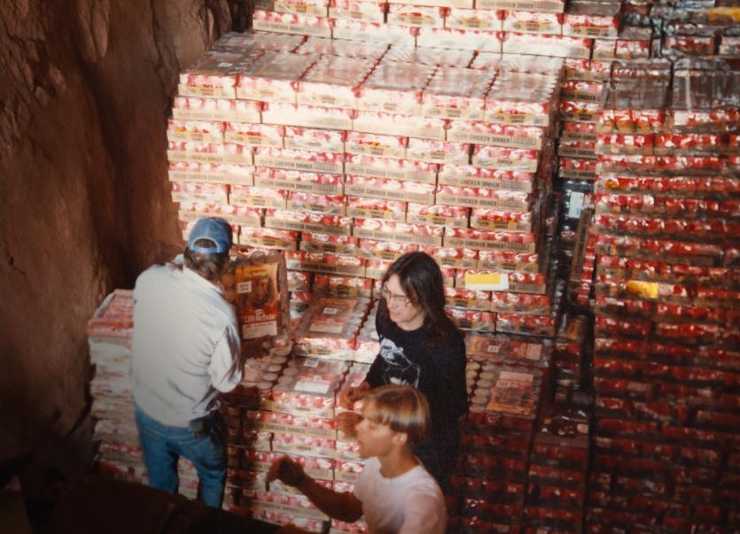 Workers with large palettes of food