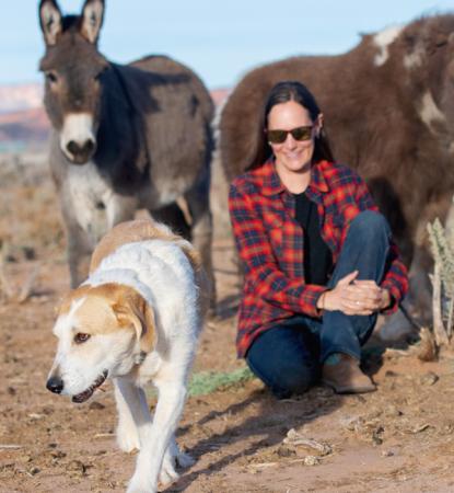 woman sitting in field surrounded by donkeys, ponies, and a dog