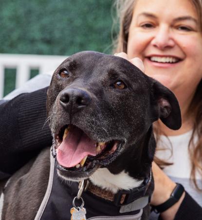 Smiling person with happy black dog in front of her