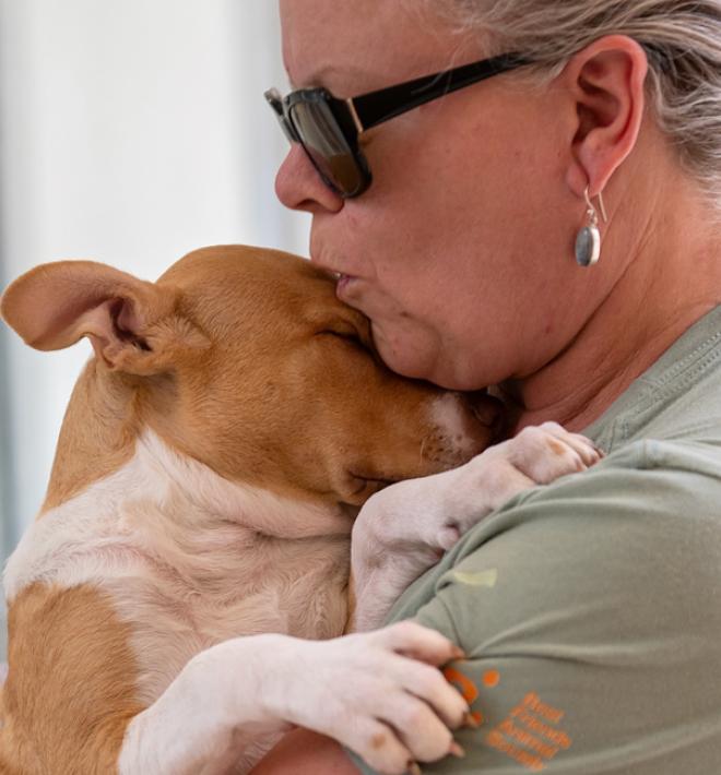 Woman holding a brown and white dog