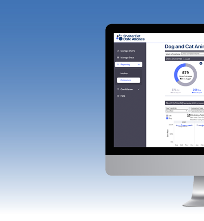 Mock-up of SPDA website on monitor with Shelter Pet Data Alliance logo