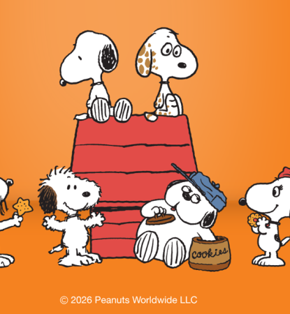 Snoopy and his siblings on red doghouse