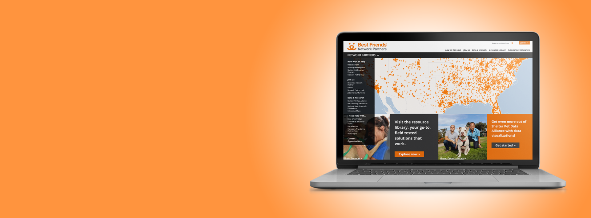 Orange banner graphic with computer screen featuring the redesigned Best Friends Network website.