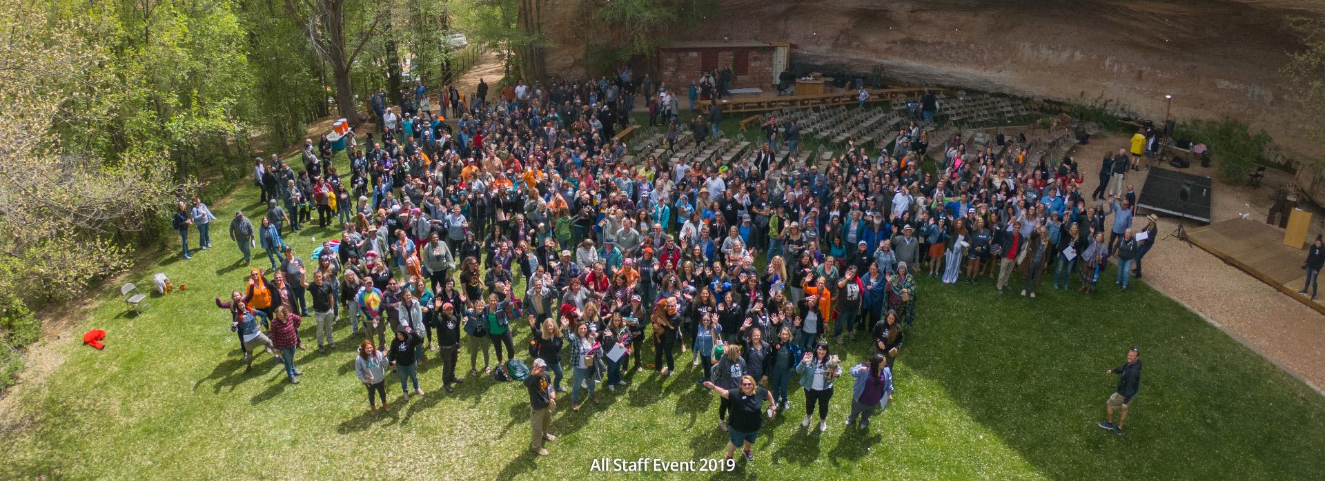 Overhead drone image of staff 