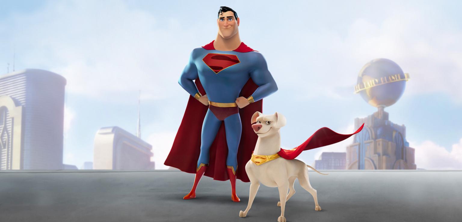 Screen shot of Superman and his dog from the movie, “Liga DC de Súper Mascotas” (“DC League of Super-Pets”)