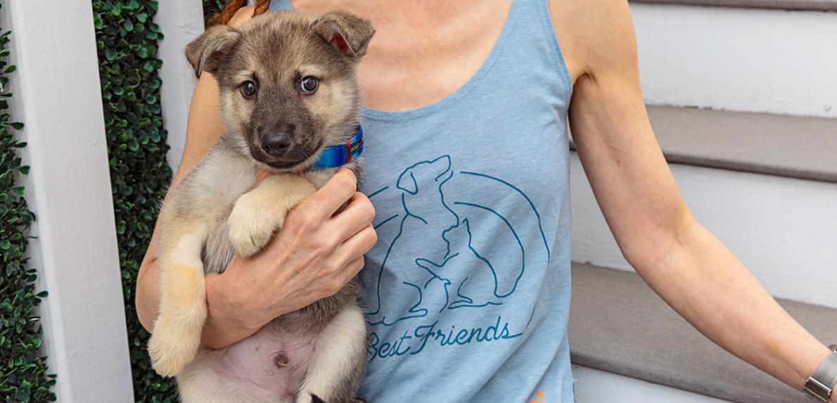 Person wearing a tank top holding a brown puppy