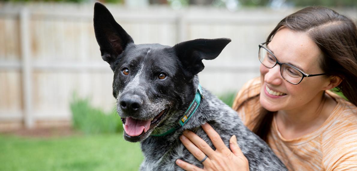 Smiling person hugging a black and white dog