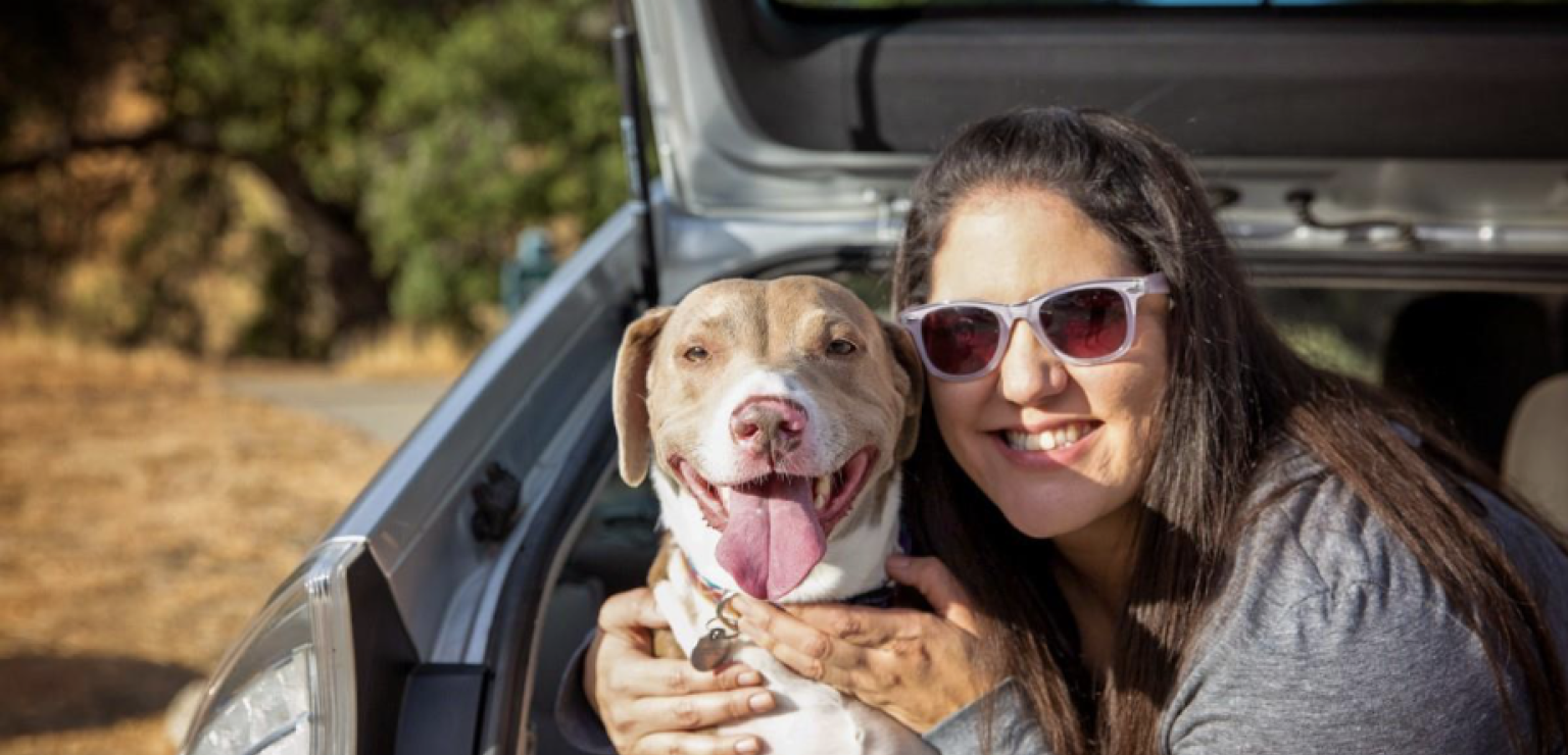 Woman in sunglasses hugging a brown and white dog in the back of an open trunk