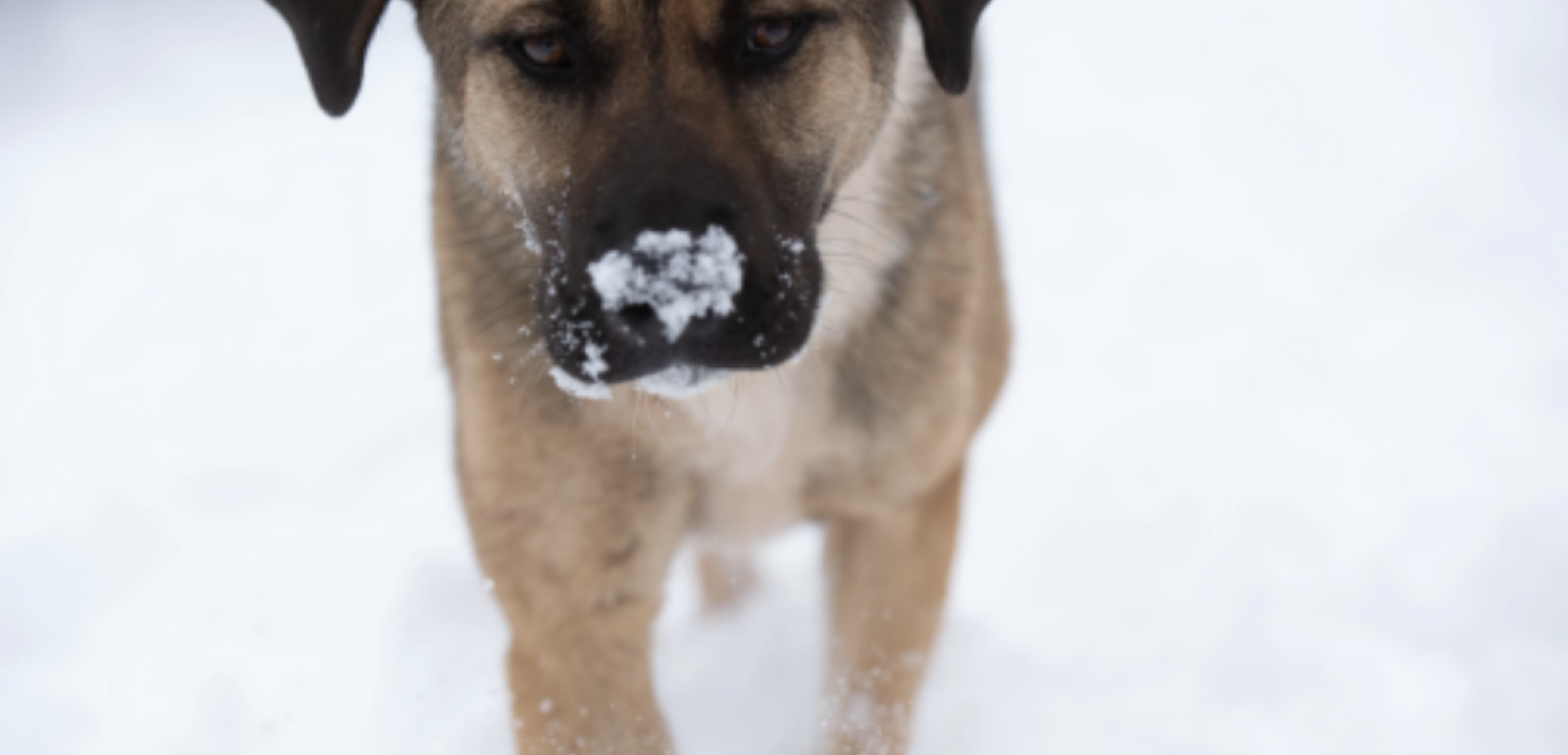 Brown dog with dark brown ears in the snow