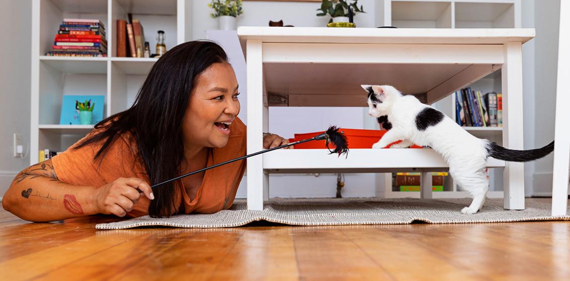 Smiling person lying on the floor using a wand toy to play with a black and white kitten