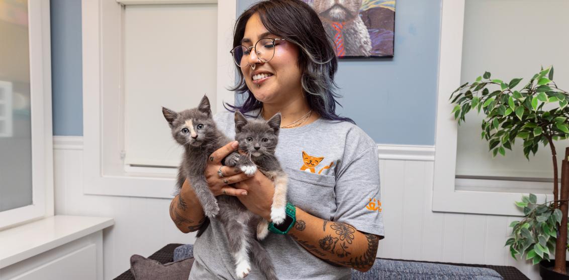 Smiling person holding two tiny kittens in their hands