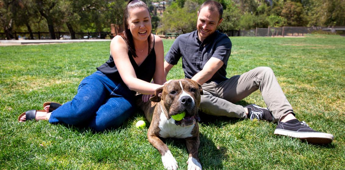 Smiling people sitting with a happy dog in the grass