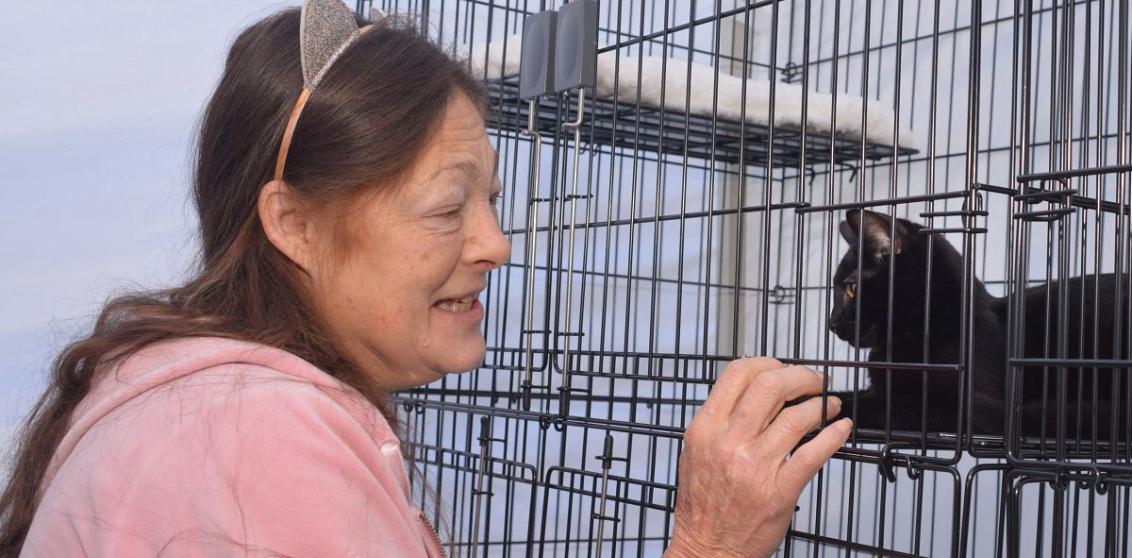 A woman in pink cat ears gently greets a kitten through its kennel at a community adoption event.