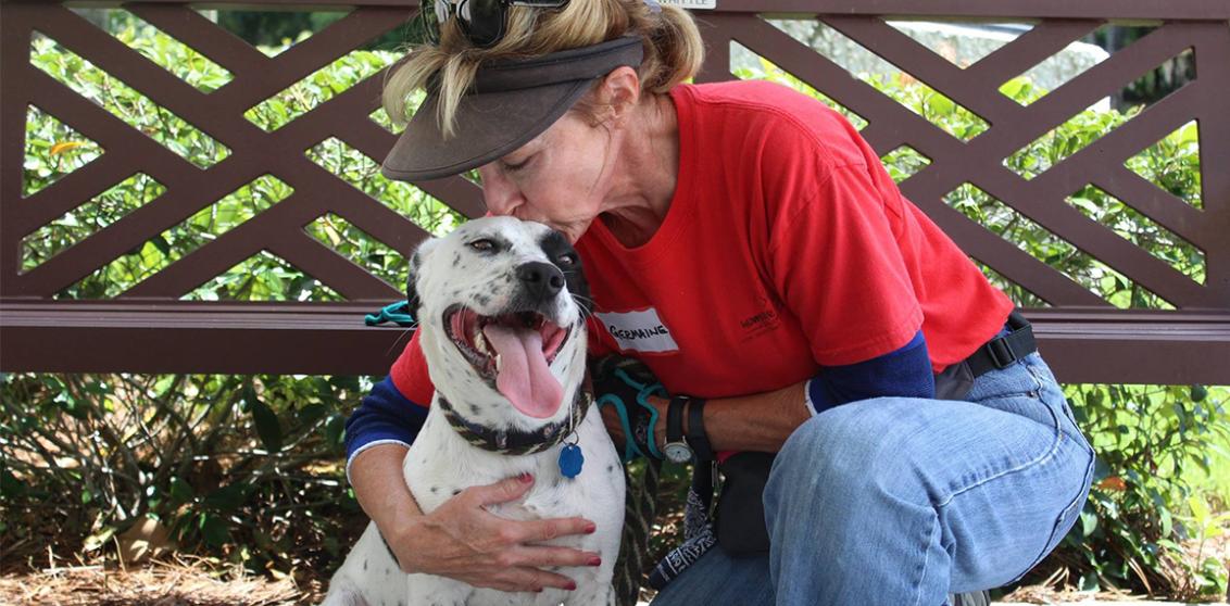 Humane Society of South Coastal Georgia volunteer kissing a dog on the head.