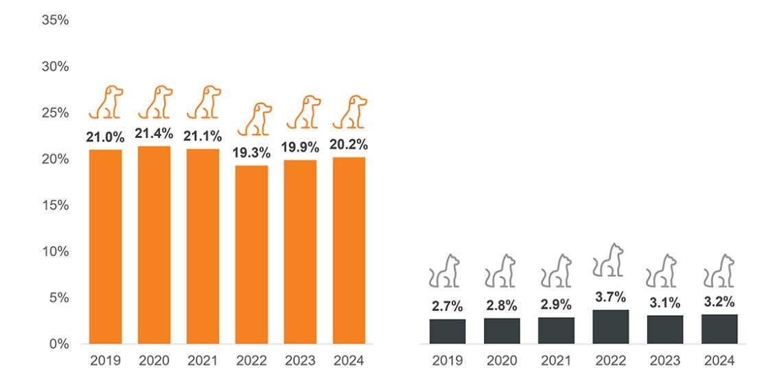 2019-2024 bar graphs of cat and dog return-to-home.
