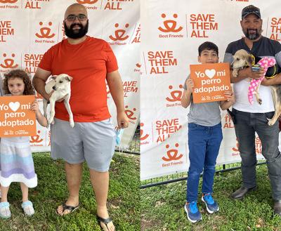 Collage of two photos of families adopting puppies at the event