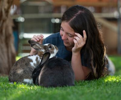 Intern lying in grass with brown rabbit