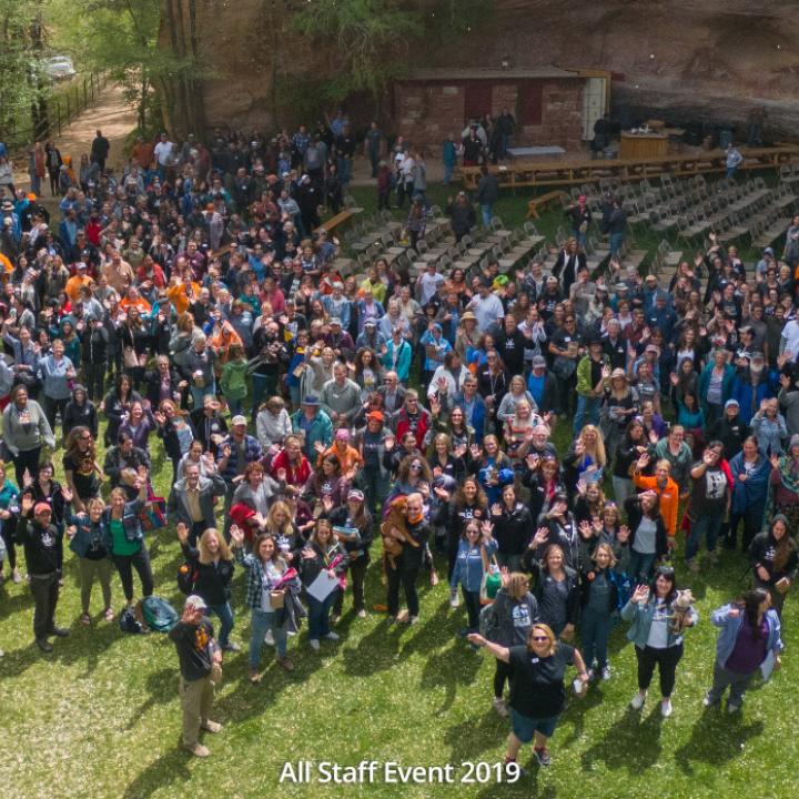 Overhead drone image of staff 