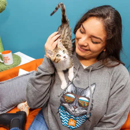 Person holding a tiny kitten on their shoulder