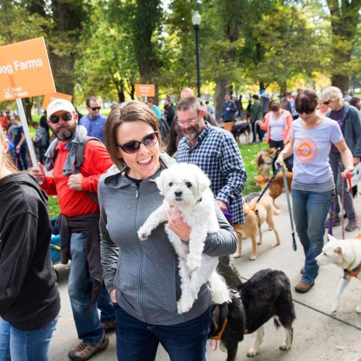 Group of people walking during a Strut Your Mutt event, with one smiling person holding a small white dog in the foreground