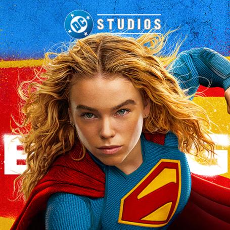Supergirl flying over "S" logo and word "Supergirl"