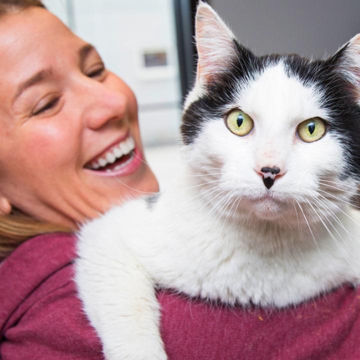 Smiling person holding a cat over their shoulder