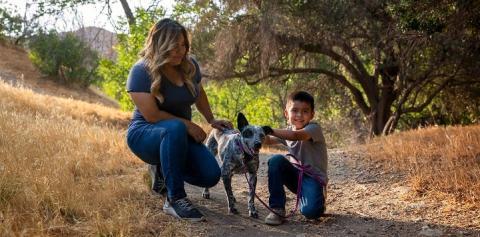 Woman and young boy crouching on gravel path with black and white dog