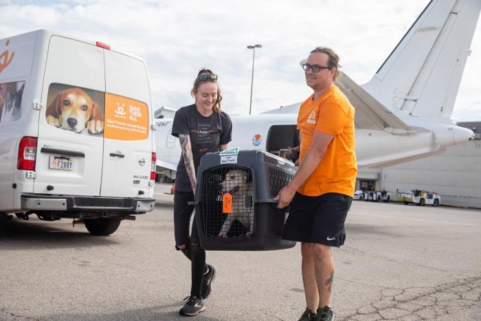 Two people carrying a carrier containing a dog from a transport plane beside a Best Friends van