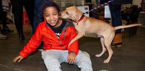 Boy in red jacket sitting on floor with tan dog sniffing his face