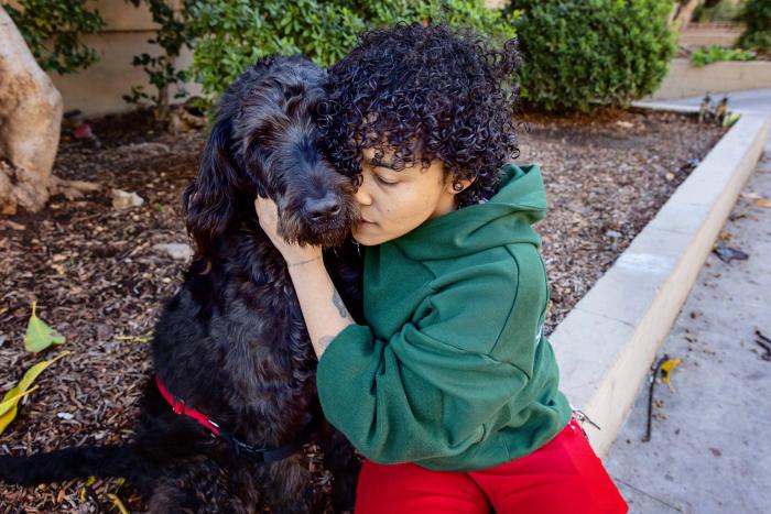 Person hugging a large black fluffy dog
