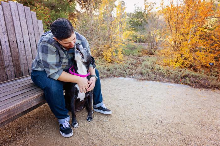 Person sitting outside on a large wooden bench hugging a black and white dog
