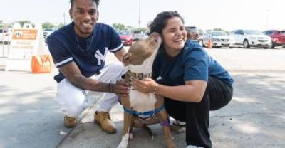 a male and female in a parking lot for a super adoption with a brown and white mixed breed dog