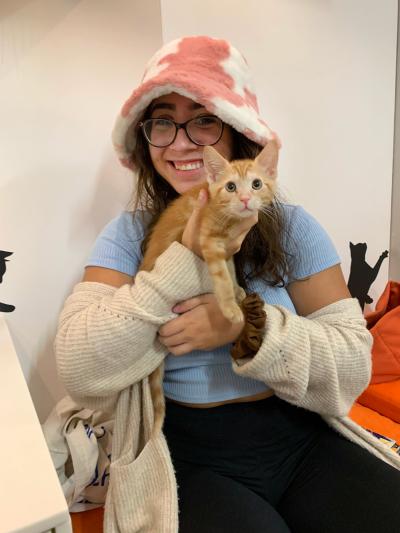 Fulburt the cat being held by his smiling adopter