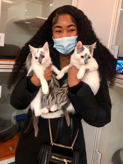 Masked person holding Romeo and Hollywood the kittens