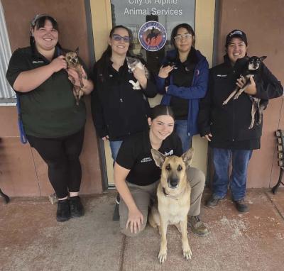 Alpine Animal Services employees with dogs and a cat