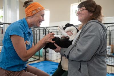 Two people giving Autumn the rabbit physical therapy