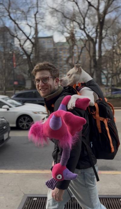 Bryan Reisberg carrying a dog in his backpack with a large pink stuffed toy bird