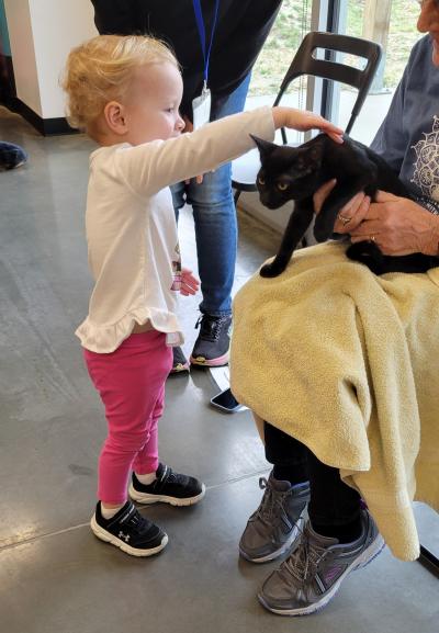 Vera petting Blackberry the cat